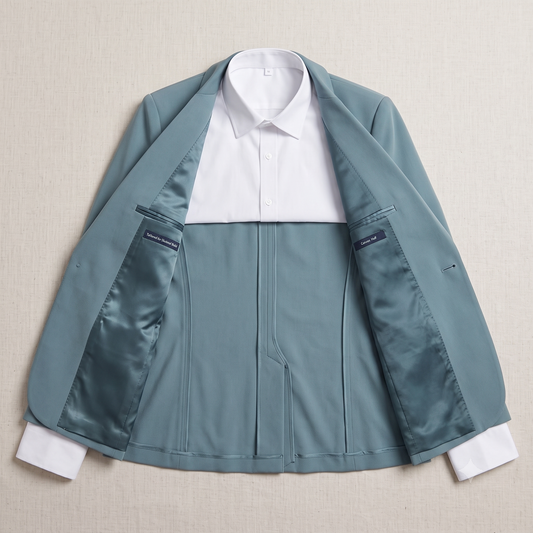 Light blue jacket with white shirt on a beige background