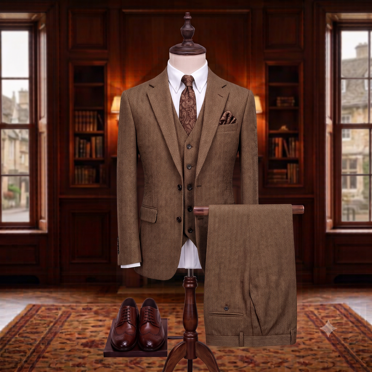 Brown suit on a mannequin in a room with wooden walls and bookshelves.