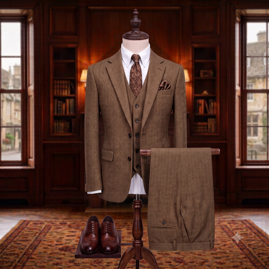 Brown suit on a mannequin in a room with wooden walls and bookshelves.