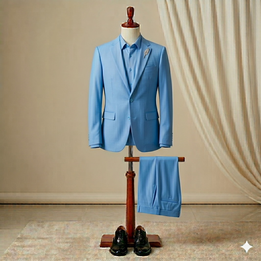 Blue suit on a mannequin with pants hanging below against a beige wall.