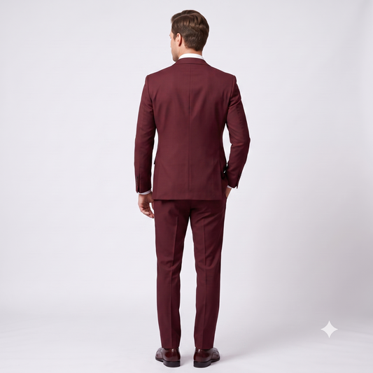 A man viewed from behind wearing a matching burgundy suit, white dress shirt, and dark brown dress shoes against a light gray studio background.