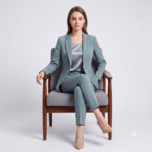 Woman in a light blue suit sitting on a chair against a white background