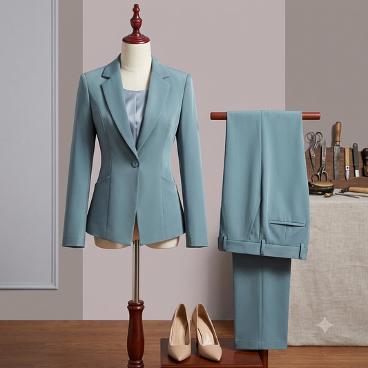 Teal business suit on a mannequin with shoes in front of a gray wall.