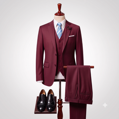 A three-piece burgundy suit displayed on a mannequin, styled with a white dress shirt, a blue and white striped tie, and a dark floral boutonniere. The matching trousers are draped over a stand next to the mannequin, with a pair of black dress shoes displayed below on a small stand, all against a light gray gradient background.