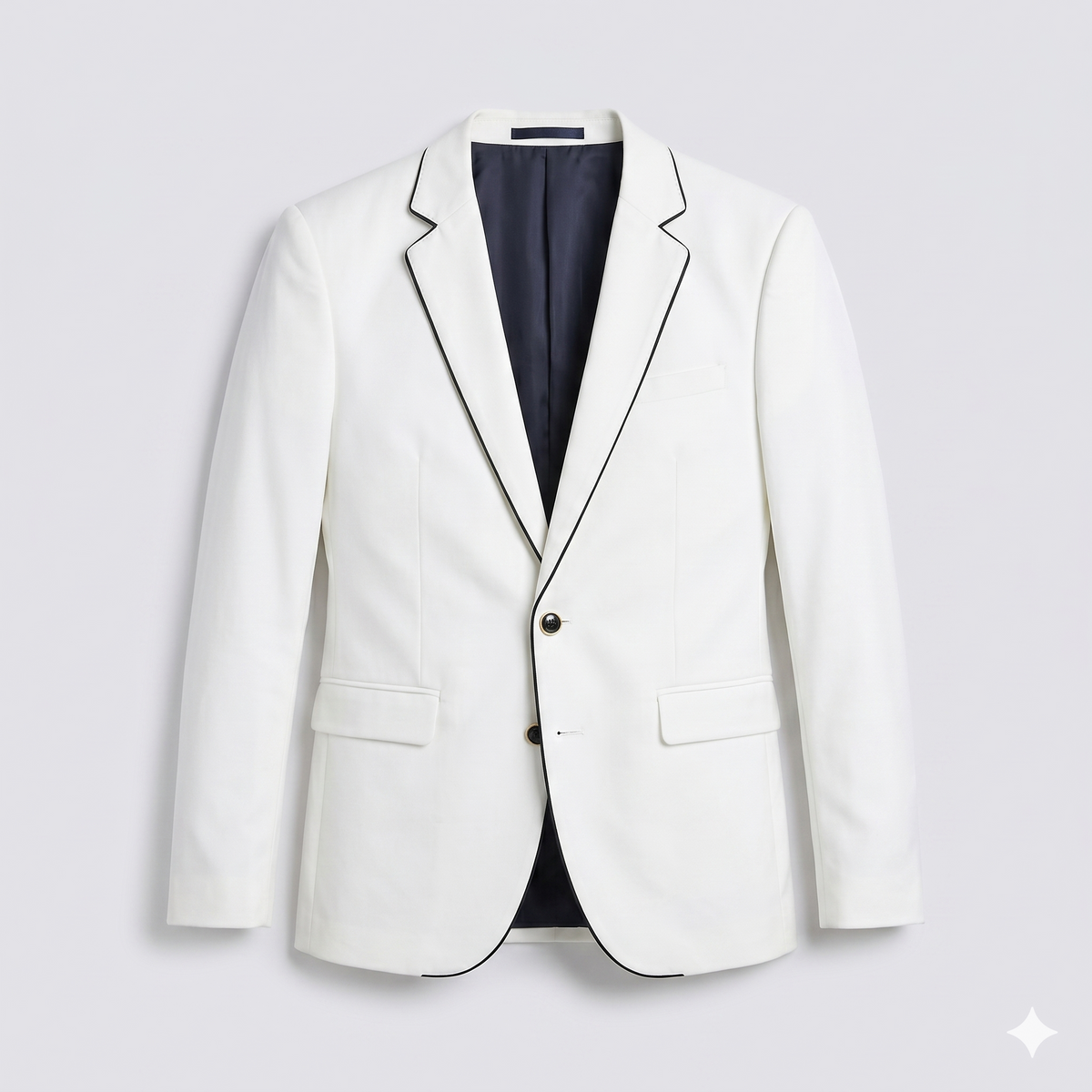 White blazer with black trim on a light gray background