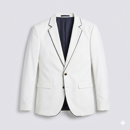 White blazer with black trim on a light gray background