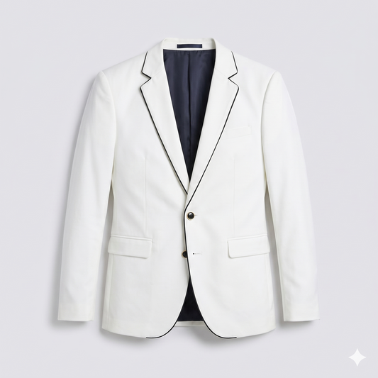 White blazer with black trim on a light gray background