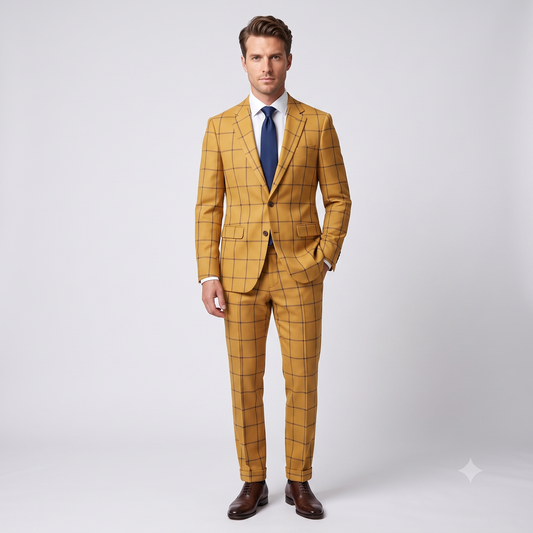 Man wearing a yellow checkered suit with a blue tie on a white background
