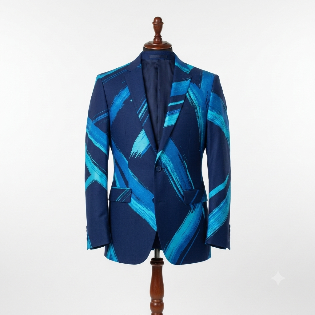 Blue patterned blazer on a mannequin against a white background