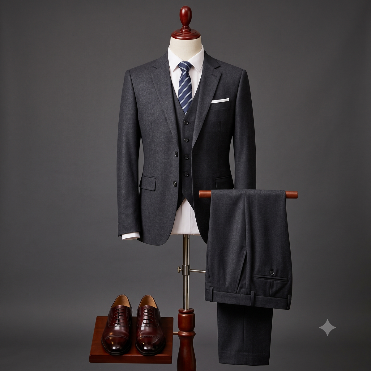 A dark gray three-piece suit displayed on a mannequin, styled with a white dress shirt, a blue striped tie, and a white pocket square. The matching trousers are draped over a stand to the right, and a pair of brown dress shoes sits on a small wooden platform below.