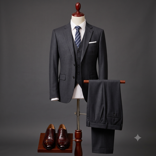 A dark gray three-piece suit displayed on a mannequin, styled with a white dress shirt, a blue striped tie, and a white pocket square. The matching trousers are draped over a stand to the right, and a pair of brown dress shoes sits on a small wooden platform below.