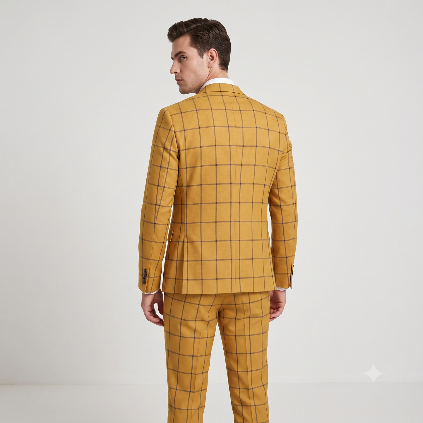 Man wearing a mustard yellow checkered suit on a white background