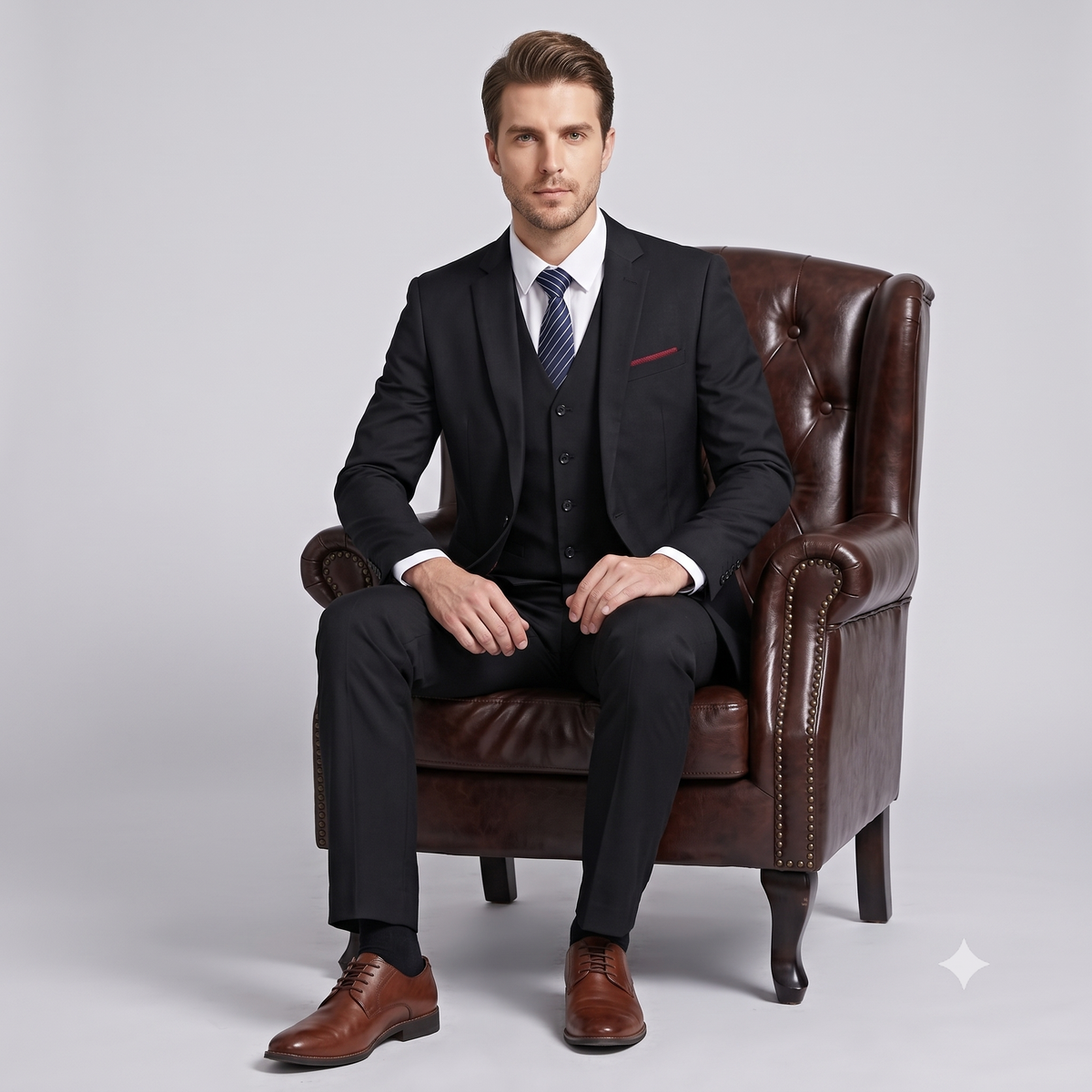 Man in a black suit sitting on a brown leather chair against a light gray background