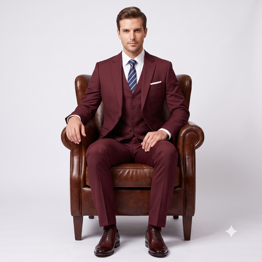 A man wearing a three-piece burgundy suit, white dress shirt, and striped tie sits in a brown leather armchair against a light gray studio background.