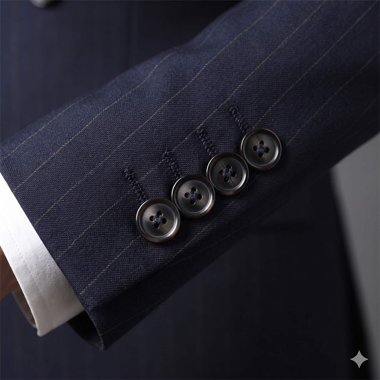 Close-up of a navy pinstripe suit with buttons on a dark background