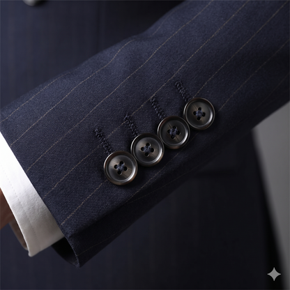 Close-up of a navy pinstripe suit with buttons on a dark background
