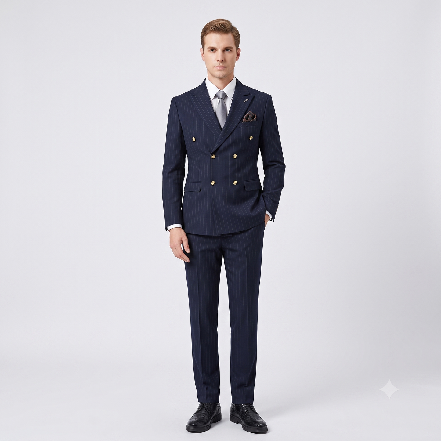 Man wearing a navy pinstripe suit with a white shirt and black shoes on a white background