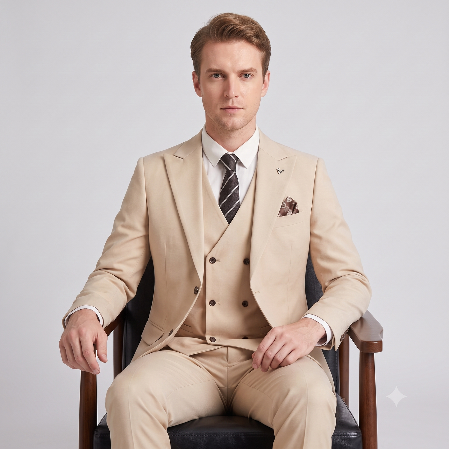 A man wearing a light beige three-piece suit with a white shirt, a dark striped tie, and a matching pocket square, seated in a dark wooden armchair against a light gray studio background.