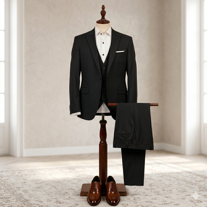 black suit on a mannequin with a white shirt and brown shoes in a room with beige walls.