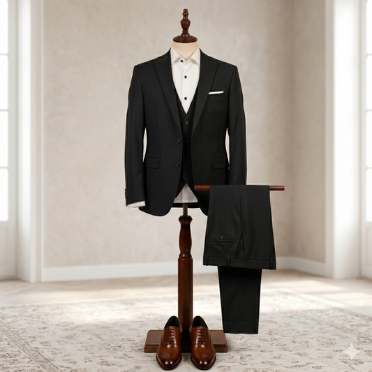 black suit on a mannequin with a white shirt and brown shoes in a room with beige walls.