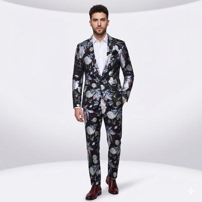 Man wearing a floral suit on a white background