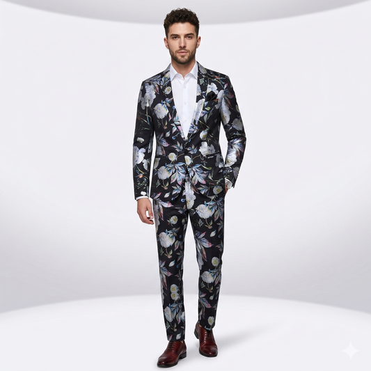 Man wearing a floral suit on a white background