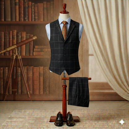 Mannequin wearing a checkered suit with a bookshelf and telescope in the background