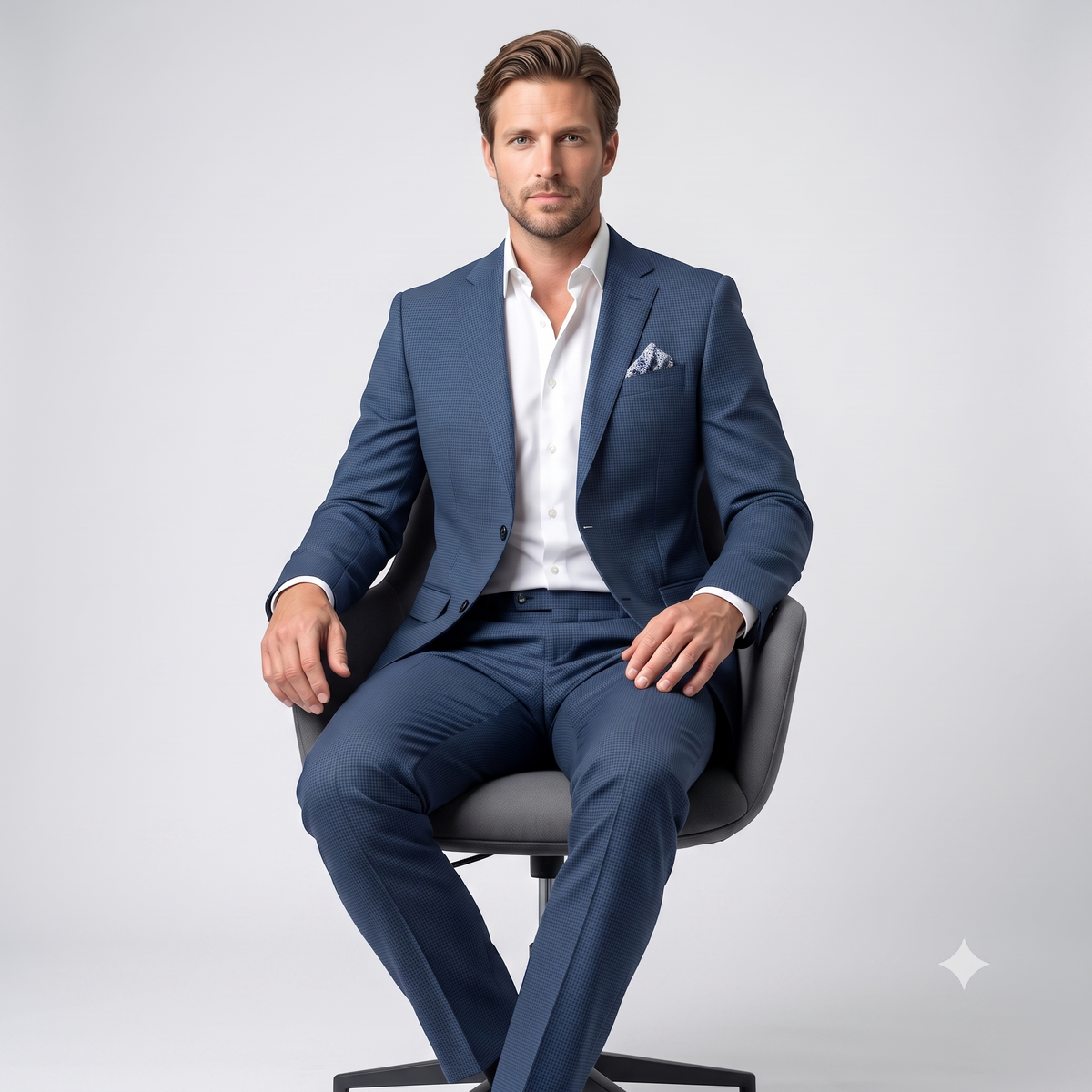 A man wearing a navy blue suit with a white dress shirt and a matching pocket square, seated on a modern gray swivel chair against a light gray studio background.
