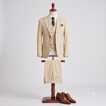 A men's three-piece suit displayed on a wooden dress form against a light gray studio background. The suit is beigne, including a jacket, matching vest, trousers, white dress shirt, striped tie, and pocket square.