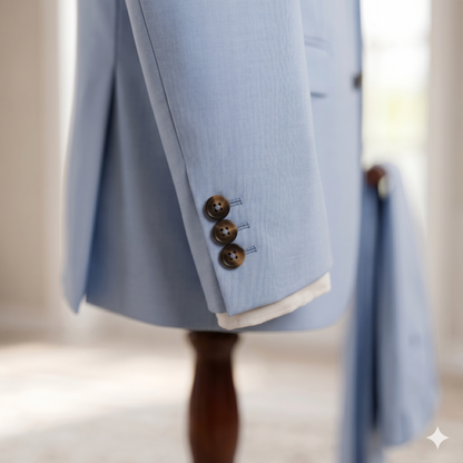 Light blue suit jacket with three buttons on a blurred background