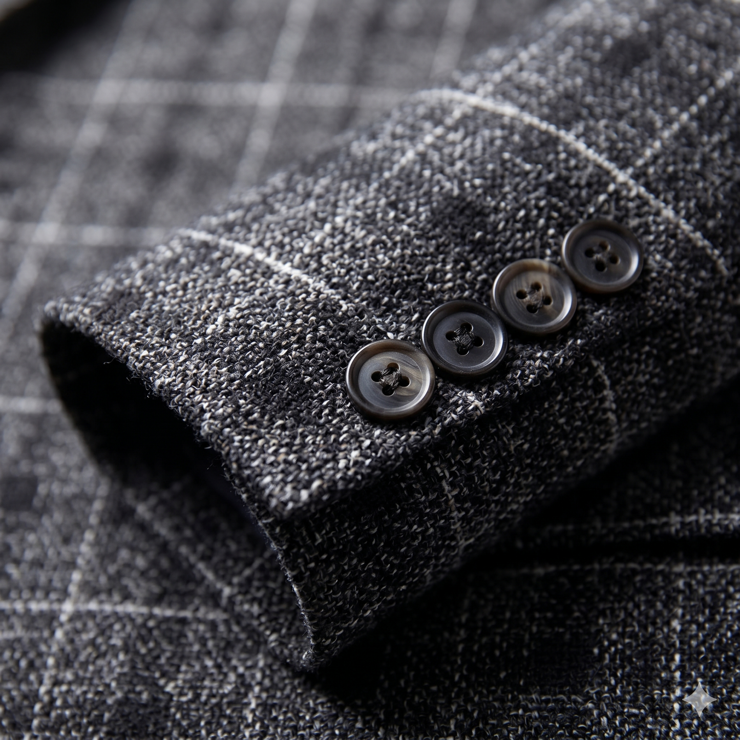Close-up of a dark gray textured fabric with buttons on a checkered background