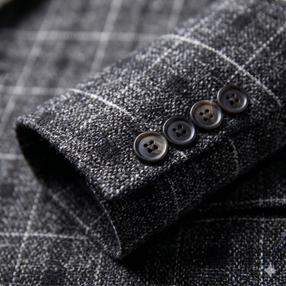 Close-up of a dark gray textured fabric with buttons on a checkered background