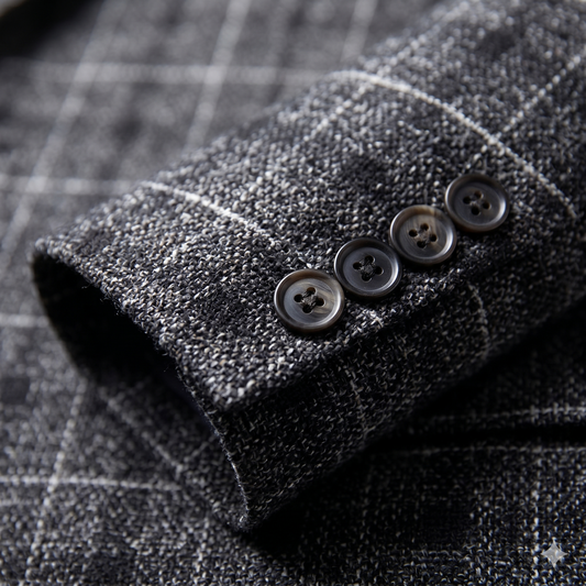 Close-up of a dark gray textured fabric with buttons on a checkered background