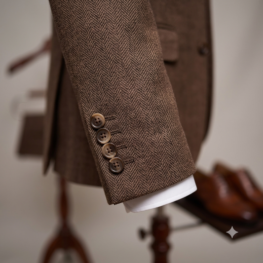 Close-up of a brown herringbone tweed blazer sleeve with four buttons, worn over a white dress shirt, with blurred brown leather shoes in the background.