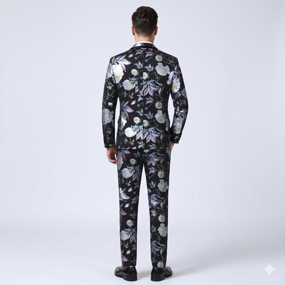 Man wearing a floral-patterned suit on a white background