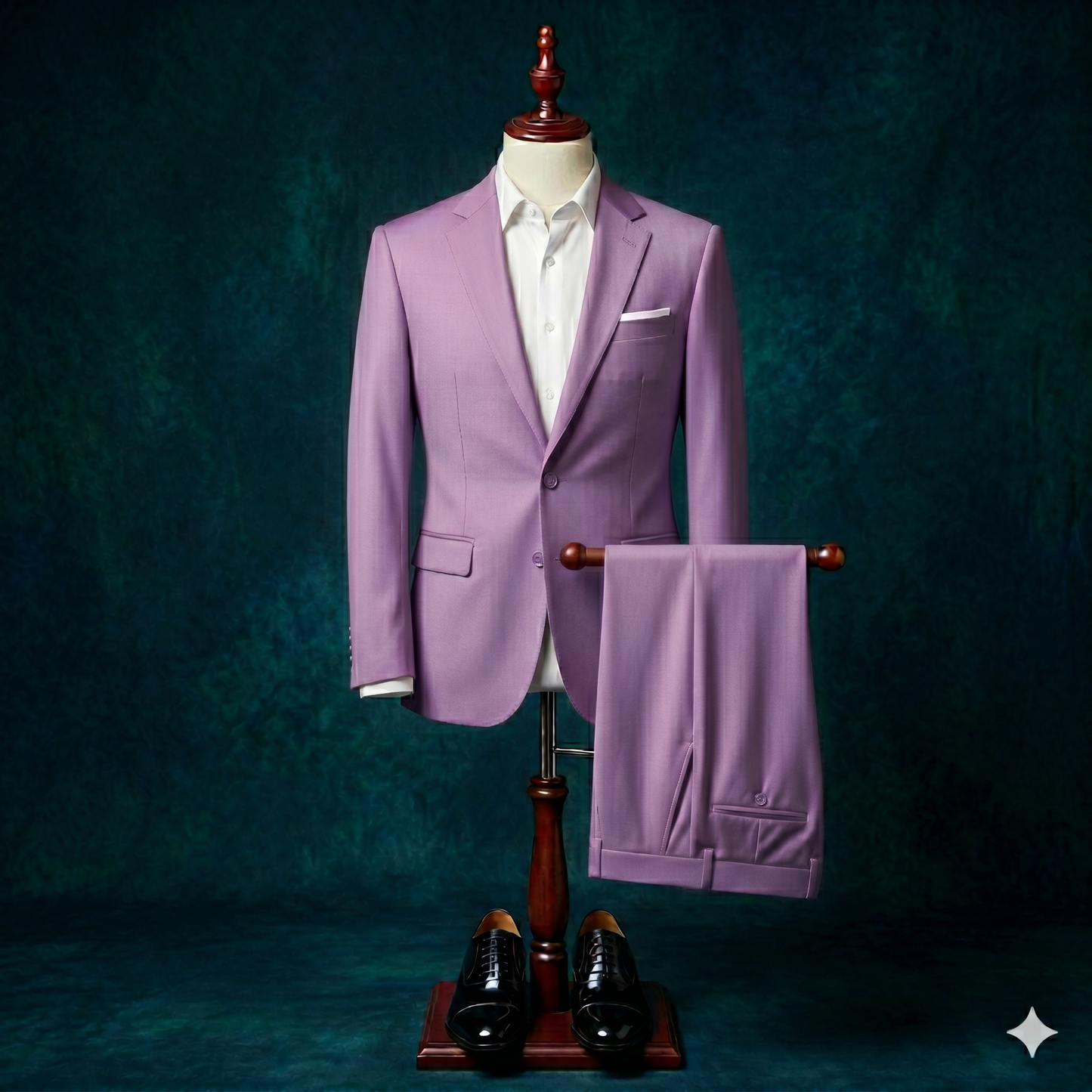 Purple suit on a mannequin with a dark green background