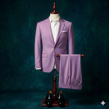 Purple suit on a mannequin with a dark green background