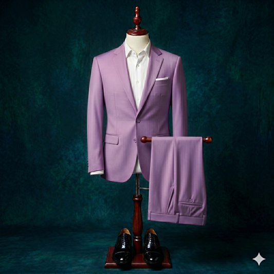 Purple suit on a mannequin with a dark green background