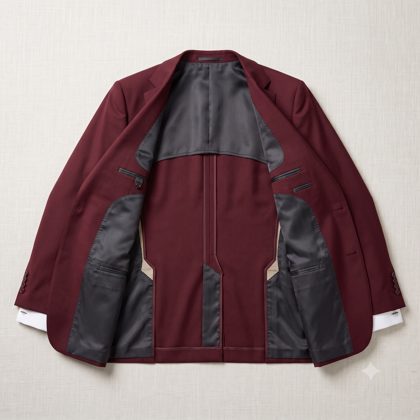 A structured blazer jacket laid flat against a light beige textured background. The blazer features a deep burgundy exterior with contrasting dark gray satin-like panels on the inner shoulders, sides, and lower front, and a matching dark gray satin lining.
