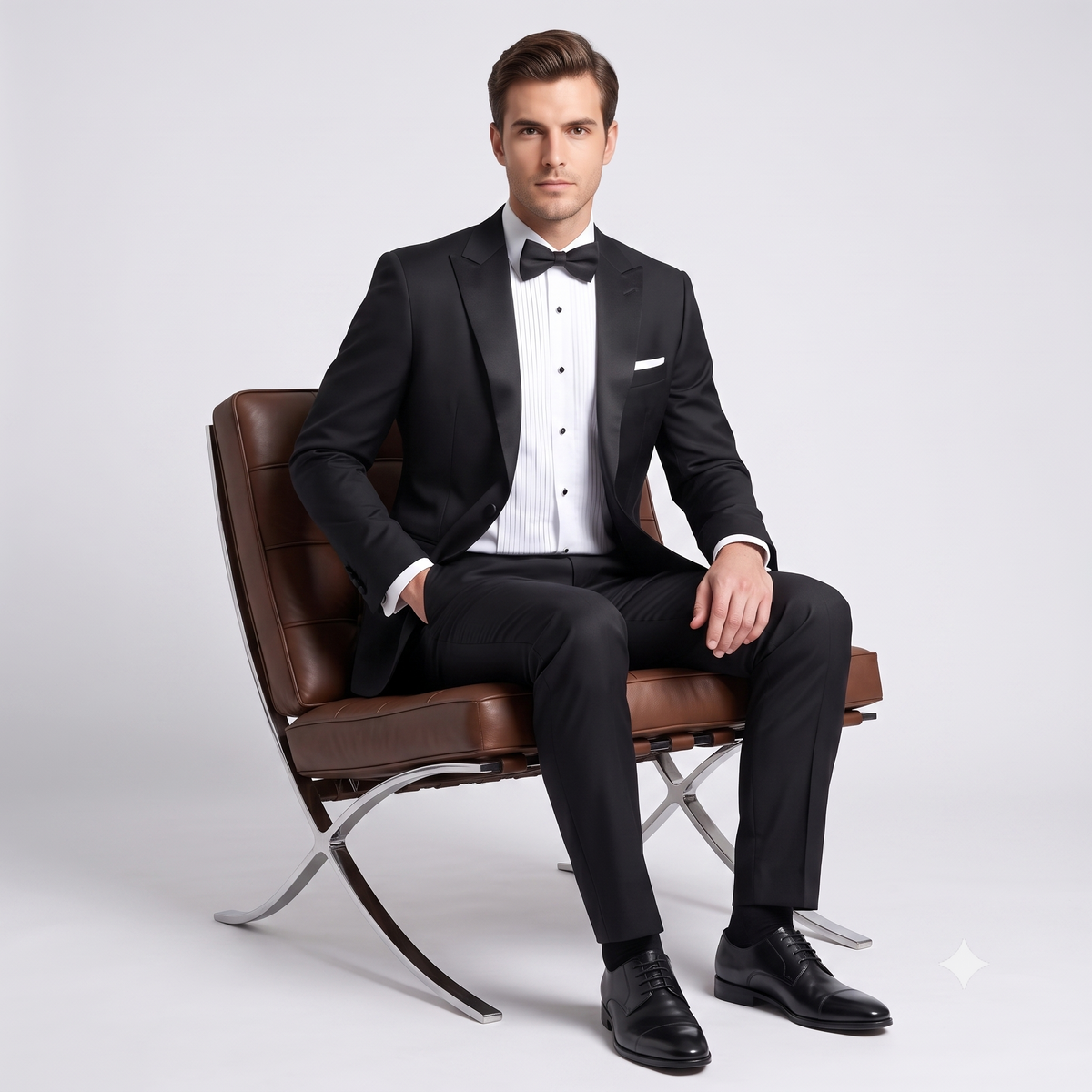 Man in a black tuxedo sitting on a brown chair against a white background