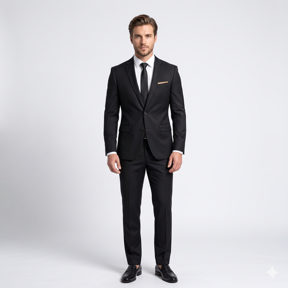 Man wearing a black suit with a white shirt and black shoes on a light gray background