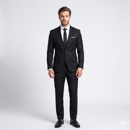 Man wearing a black suit with a white shirt and black shoes on a light gray background