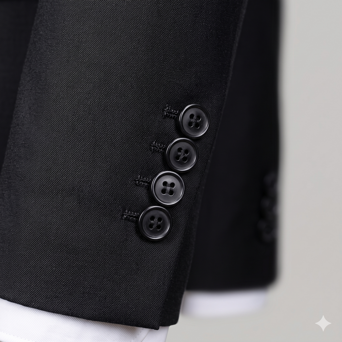Close-up of a black suit jacket with buttons on a neutral background