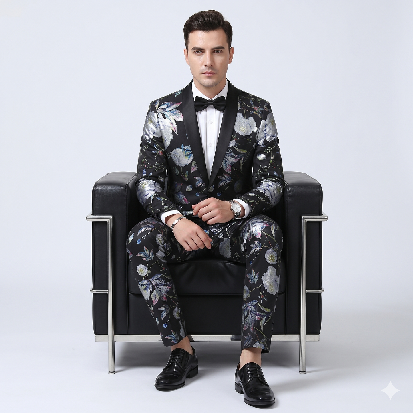 Man wearing a floral suit sitting on a black chair against a white background