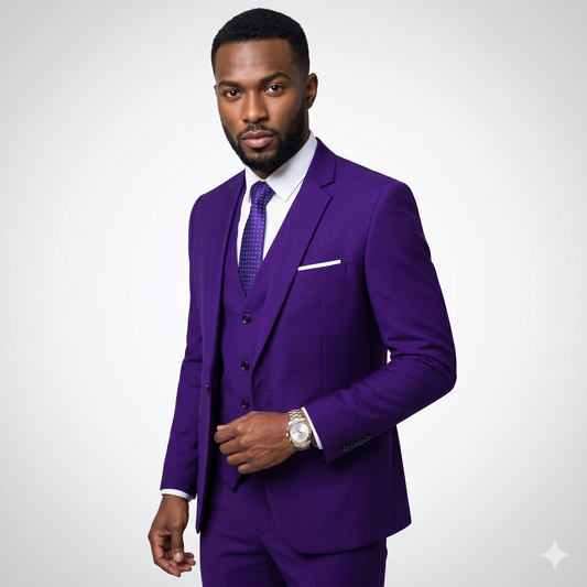 Man wearing a purple suit with a white background