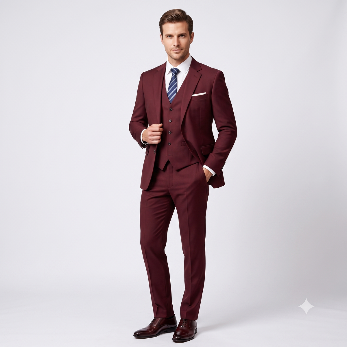 A man modeling a three-piece burgundy suit with a matching vest and trousers, styled with a white dress shirt, a blue patterned tie, and dark brown dress shoes, against a light gray studio background.