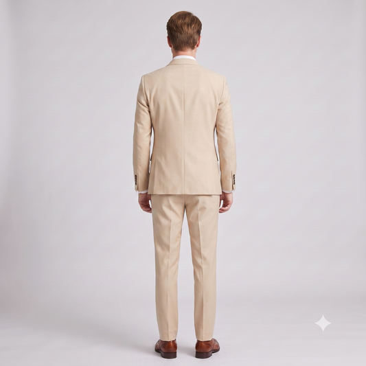 A man viewed from the back wearing a light beige two-piece suit with a white collared shirt and brown dress shoes, standing against a light gray studio background.