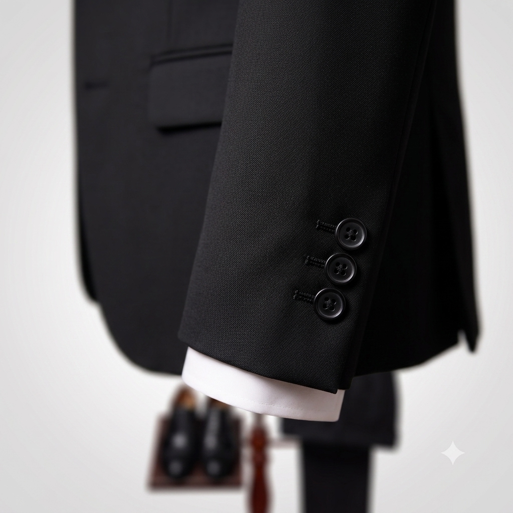 Close-up of a black suit jacket sleeve with three buttons and a white dress shirt cuff visible, shown against a light gray background.