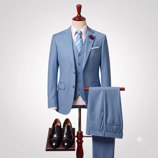 A light blue three-piece suit displayed on a mannequin with a matching vest, striped tie, white shirt, pocket square, and a matching pair of trousers draped over a stand. Black dress shoes are placed below on a small wooden platform.