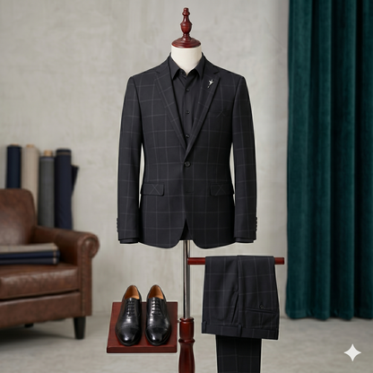 Dark checkered suit on a mannequin with shoes and pants in a room setting.